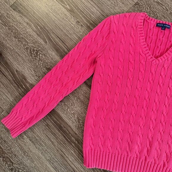 Ralph Lauren Bright Pink Cotton V Neck Cable Sweater - Picture 2 of 10
